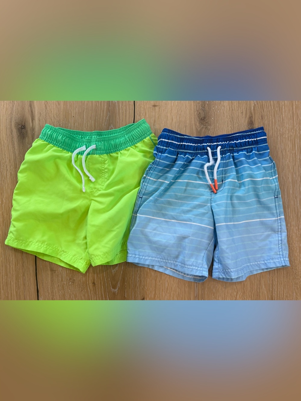 Boys Neon Green and Blue Striped Swim Shorts